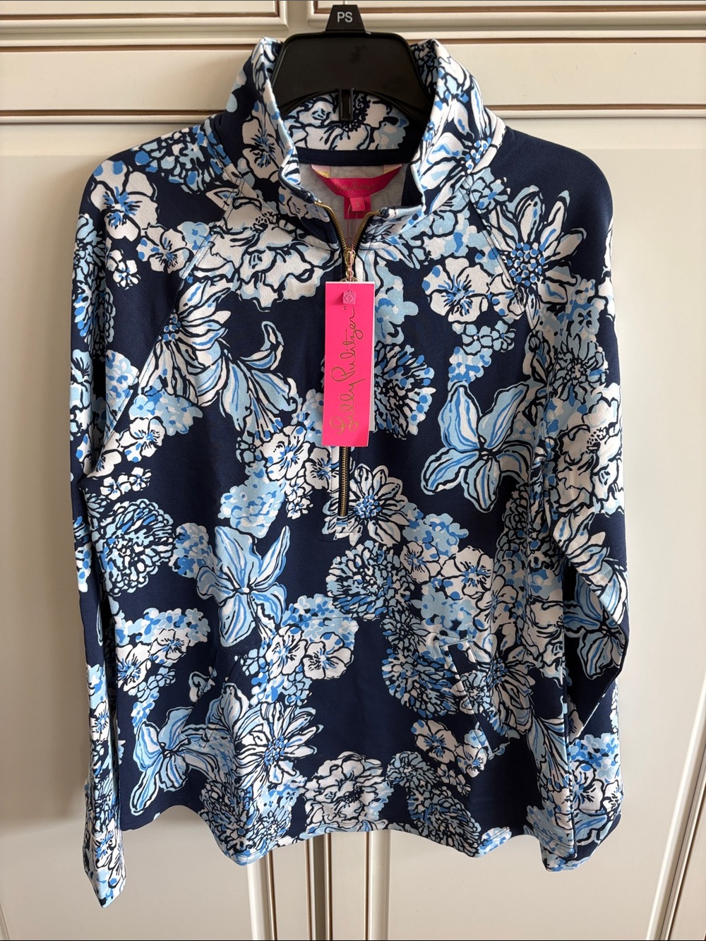 NWT Lilly Pulitzer Navy, Sky Blue & White Floral Quarter-Zip Pullover Sz Small